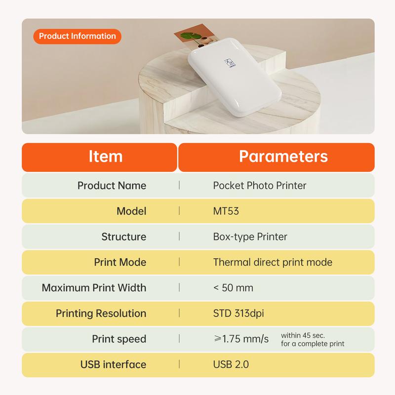 HPRT MT53 2X3'' Mini Photo Printer, Bluetooth Portable Photo Printer